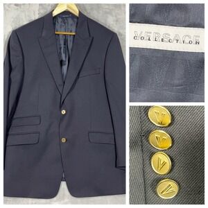 Versace Collection Mens Blazer Sport Coat Suit Jacket 54 Wool Navy Gold Button